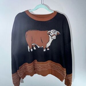 2 Fly Co L/XL Black & Brown Cow Graphic Women's Sweater NWOT